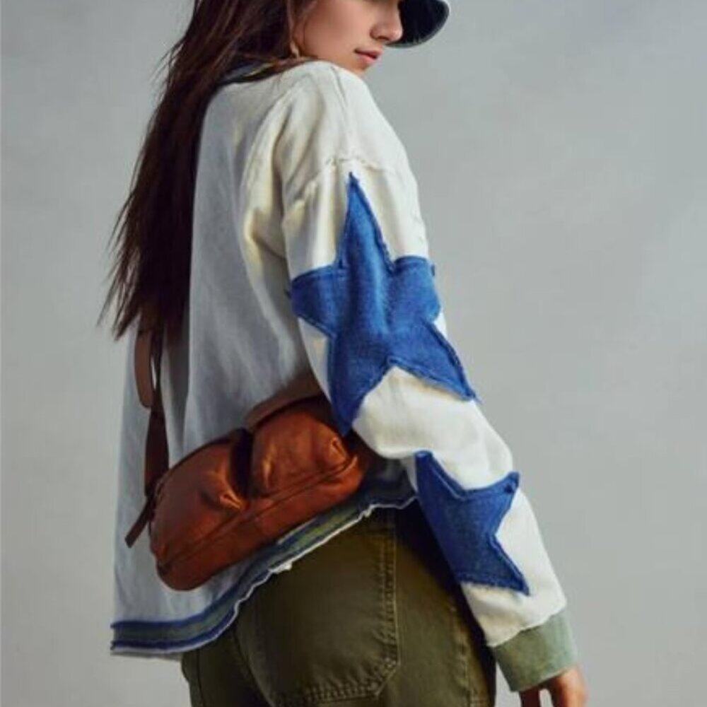 Oversized Cotton Pullover – Lightweight Long Sleeve Crewneck Shirt White & Blue - Picture 5 of 6